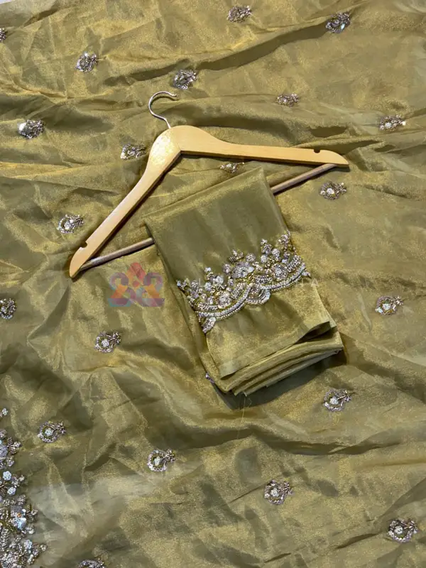 Gilded Radiance: Pure Tissue Silk Saree with Original Gold Beadwork