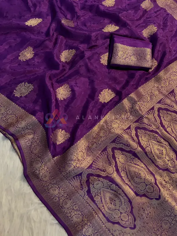 Amethyst Radiance: Violet Viscose Russian Self-Jacquard Saree