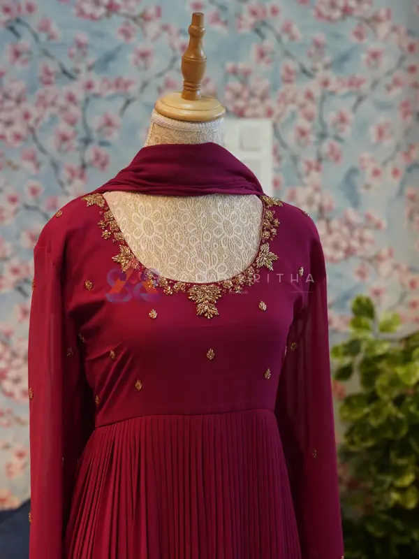 Burgundy Pleated Anarkali with Hand-Embroidered Sleeves