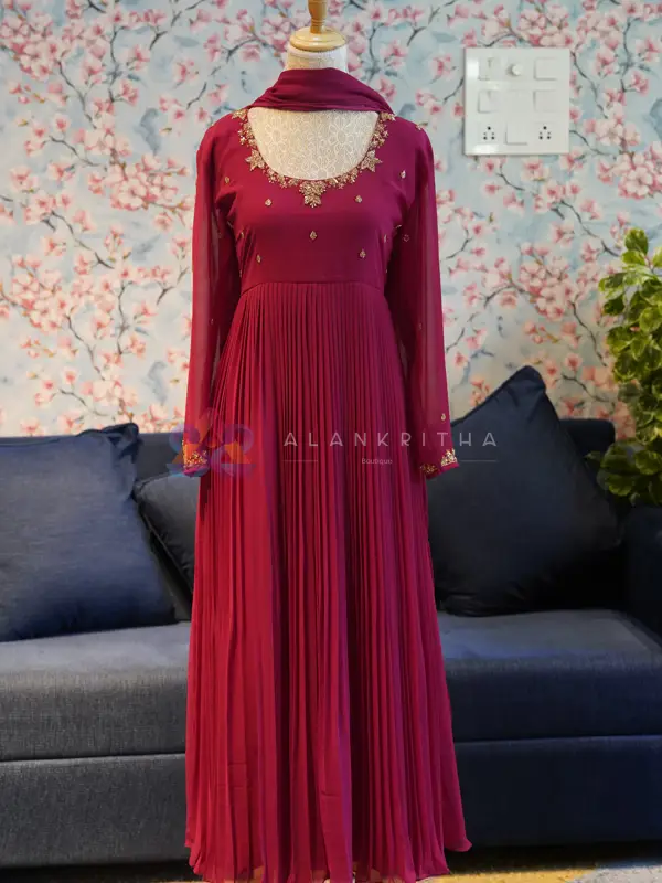 Burgundy Pleated Anarkali with Hand-Embroidered Sleeves