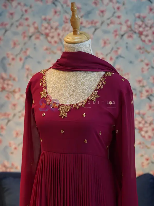 Burgundy Pleated Anarkali with Hand-Embroidered Sleeves