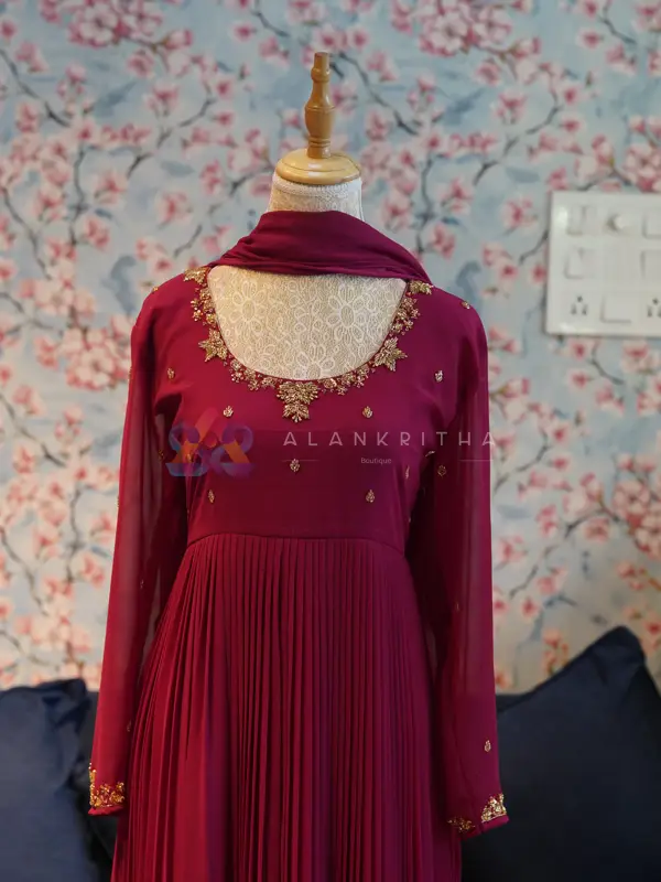 Burgundy Pleated Anarkali with Hand-Embroidered Sleeves