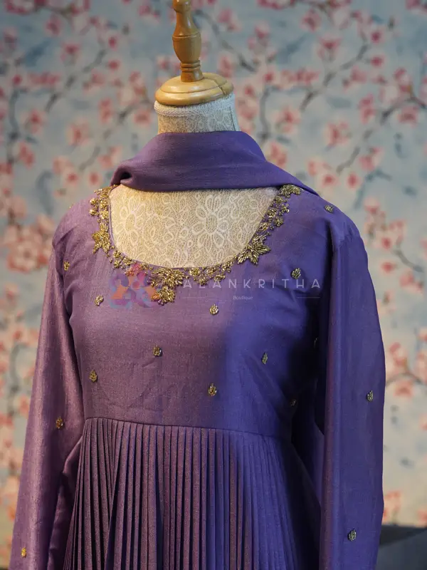 Dark Lavender Pleated Anarkali with Hand-Embroidered Sleeves