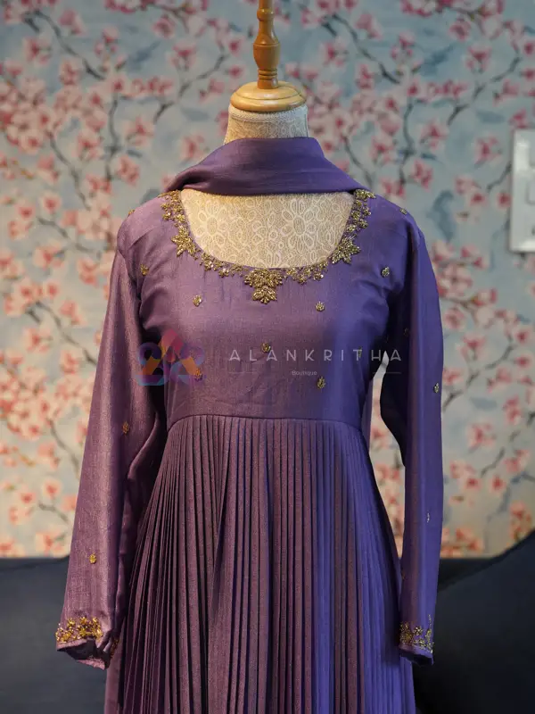 Dark Lavender Pleated Anarkali with Hand-Embroidered Sleeves