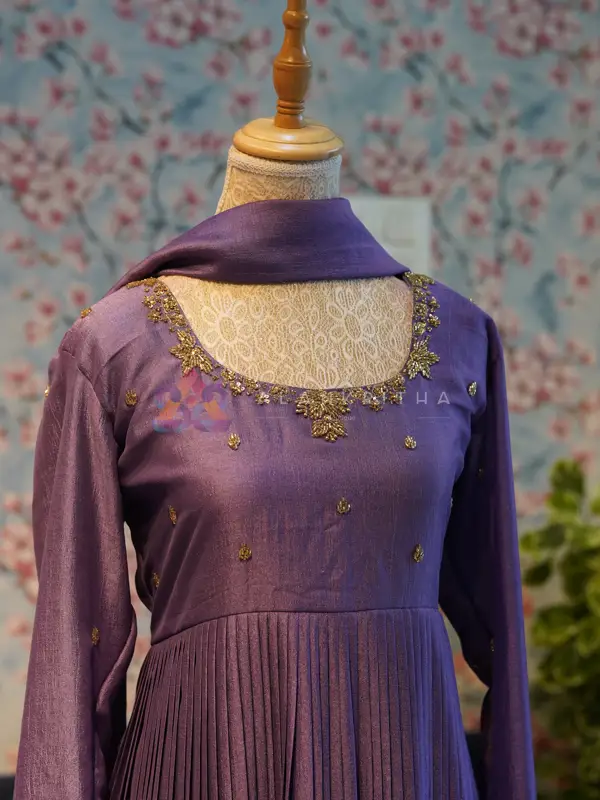 Dark Lavender Pleated Anarkali with Hand-Embroidered Sleeves