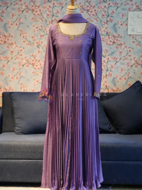 Dark Lavender Pleated Anarkali with Hand-Embroidered Sleeves