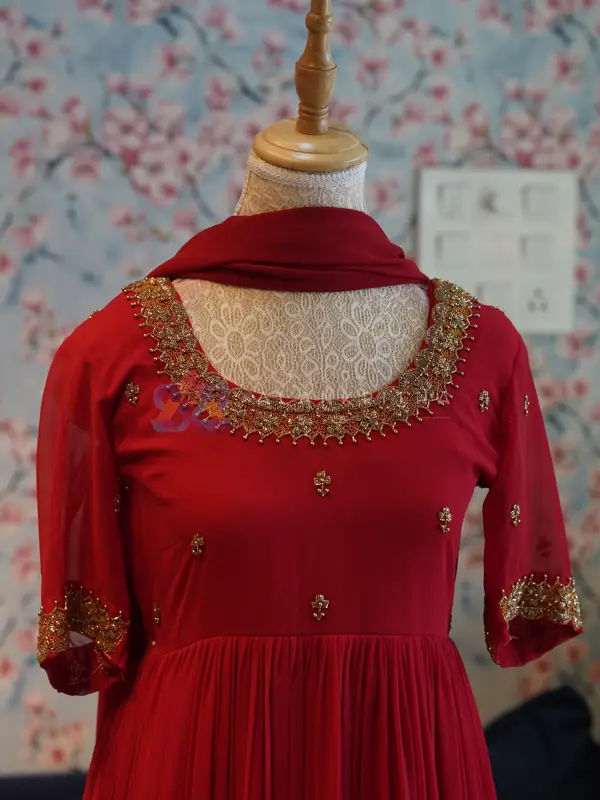 Red Pleated Anarkali with Ornate Embroidery