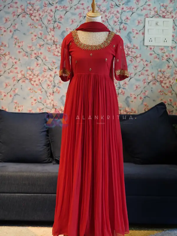 Red Pleated Anarkali with Ornate Embroidery