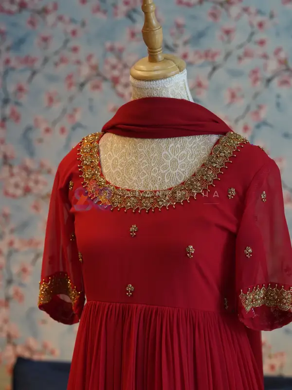 Red Pleated Anarkali with Ornate Embroidery