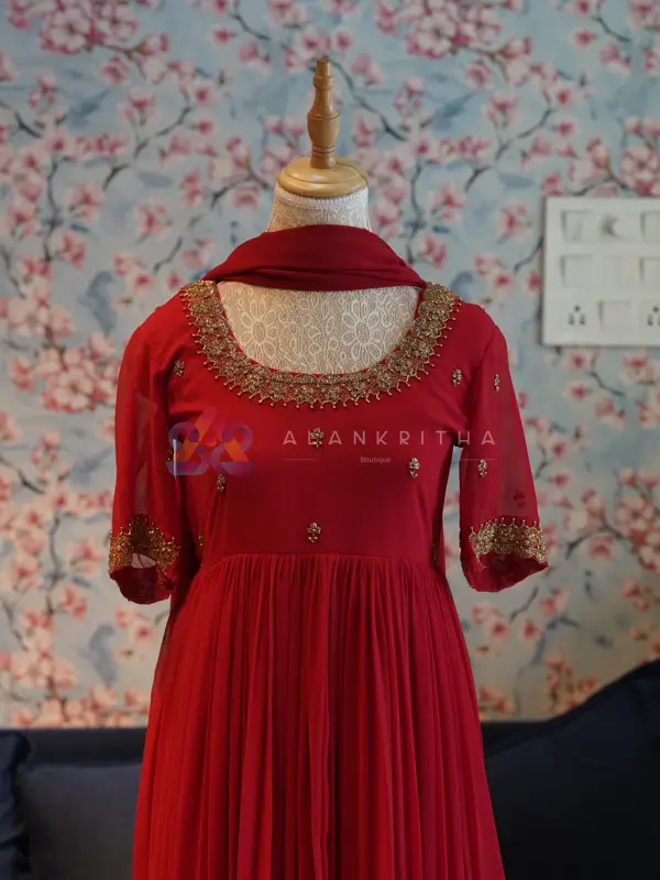 Red Pleated Anarkali with Ornate Embroidery