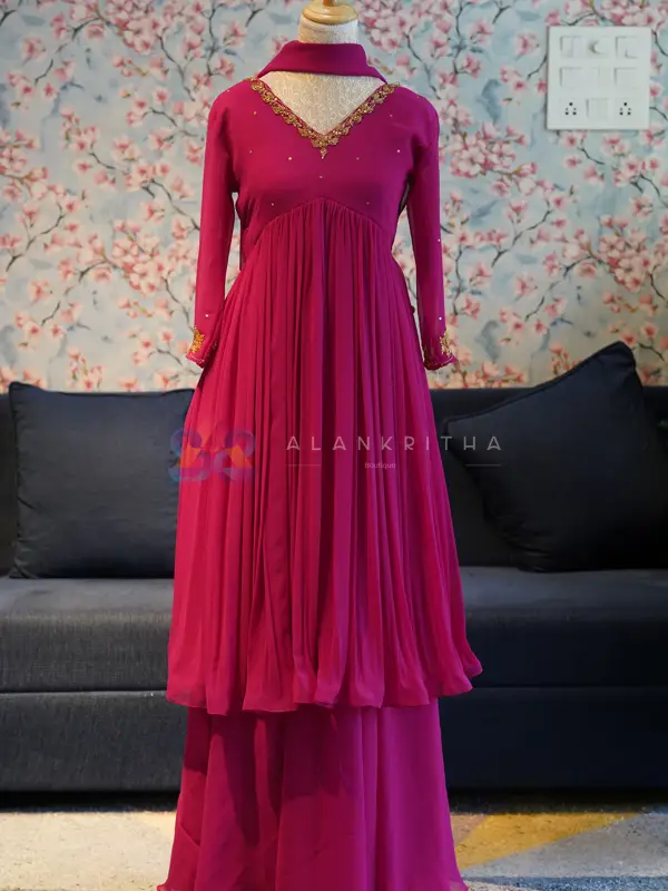 Rani Pink Alia-Cut Top, Skirt & Dupatta Set