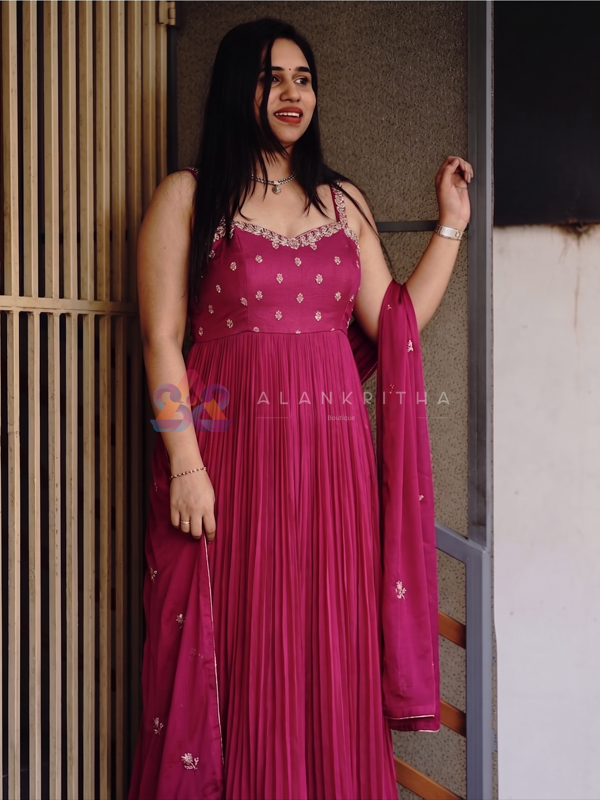  Rani Rose: Pleated Anarkali with Embroidery and Plain Dupatta