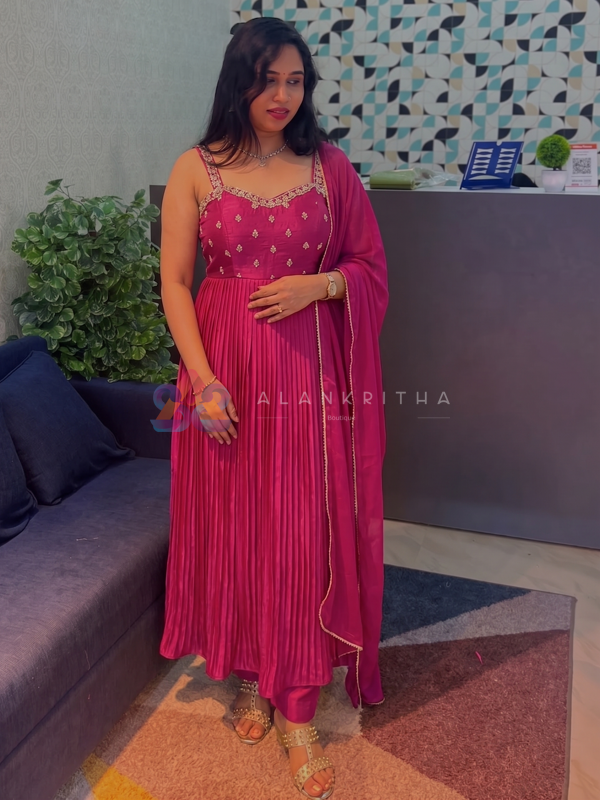  Rani Rose: Pleated Anarkali with Embroidery and Plain Dupatta