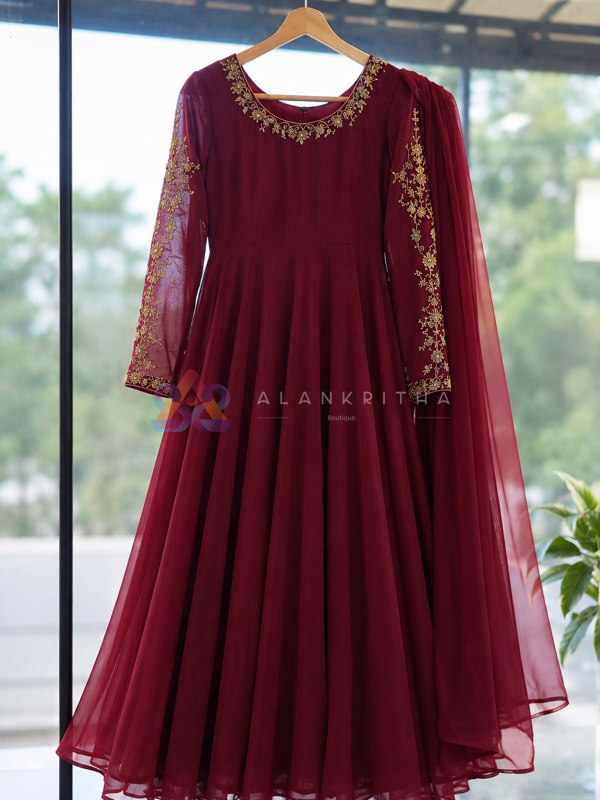 Regal Deep Maroon Hand-Embroidered Anarkali