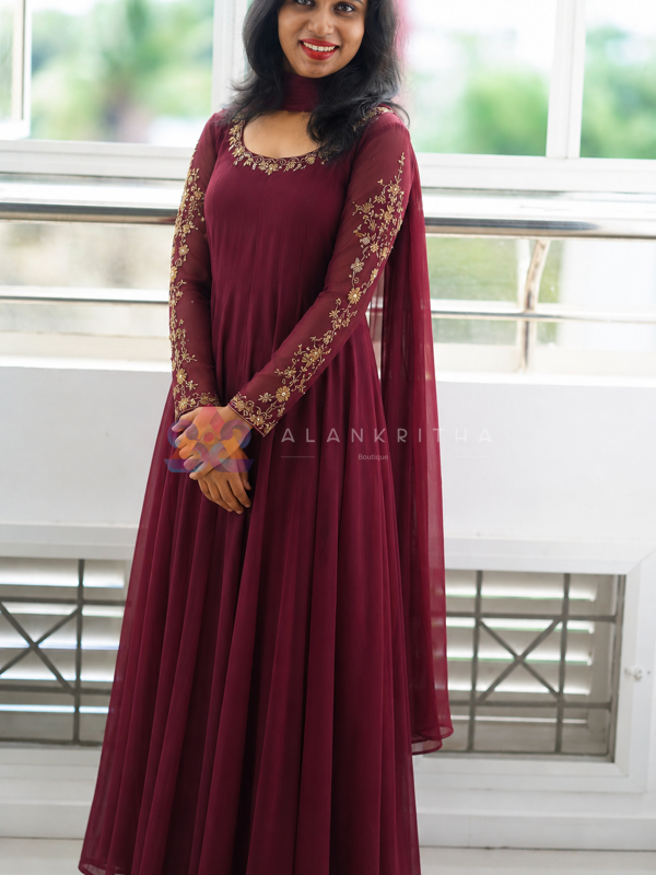 Regal Deep Maroon Hand-Embroidered Anarkali