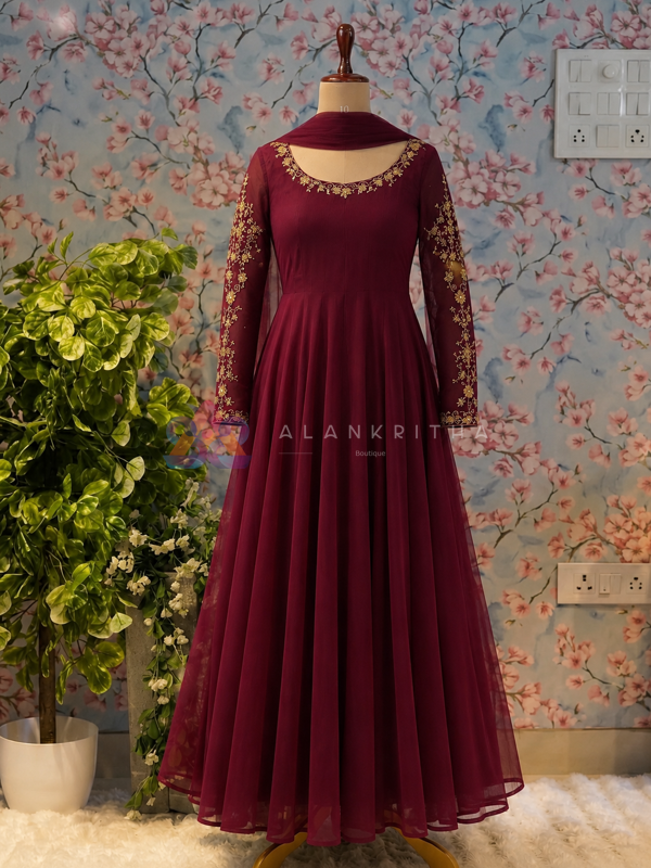 Regal Deep Maroon Hand-Embroidered Anarkali