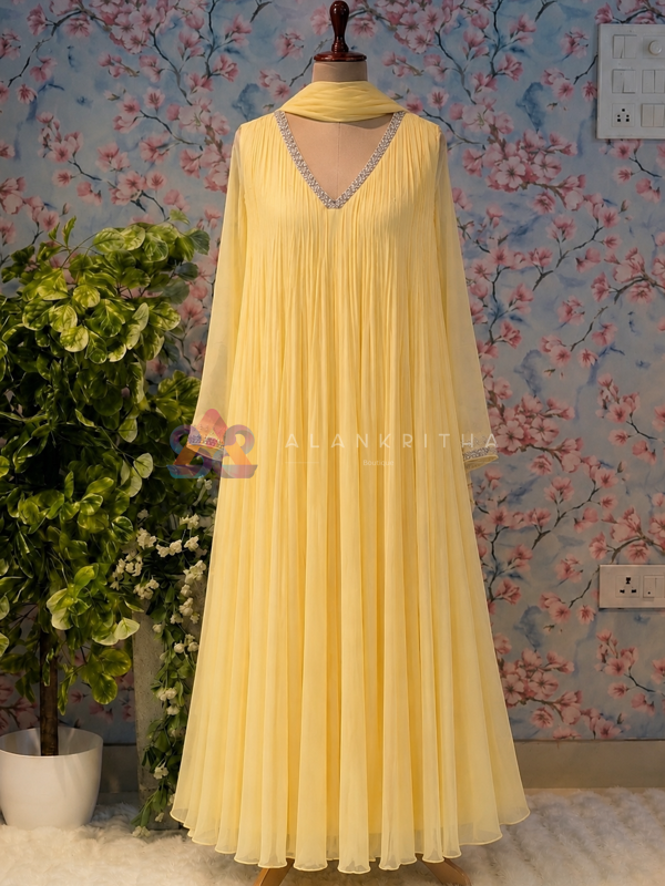 Pastel Lemon Pleated Anarkali