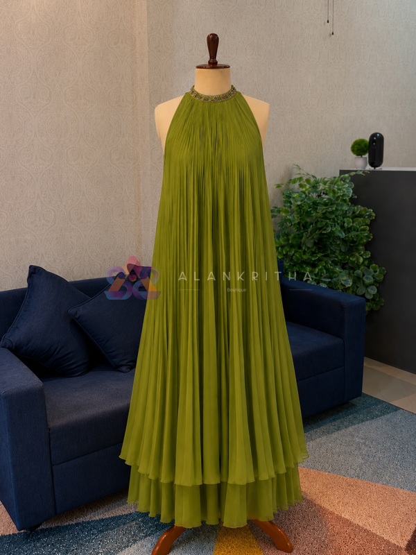 Lime olive pleated anarkali set