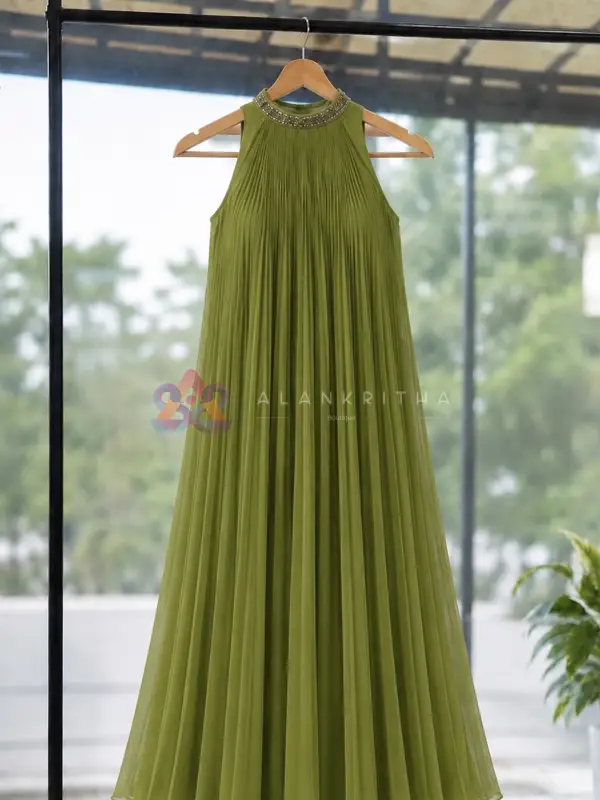 Lime olive pleated anarkali set