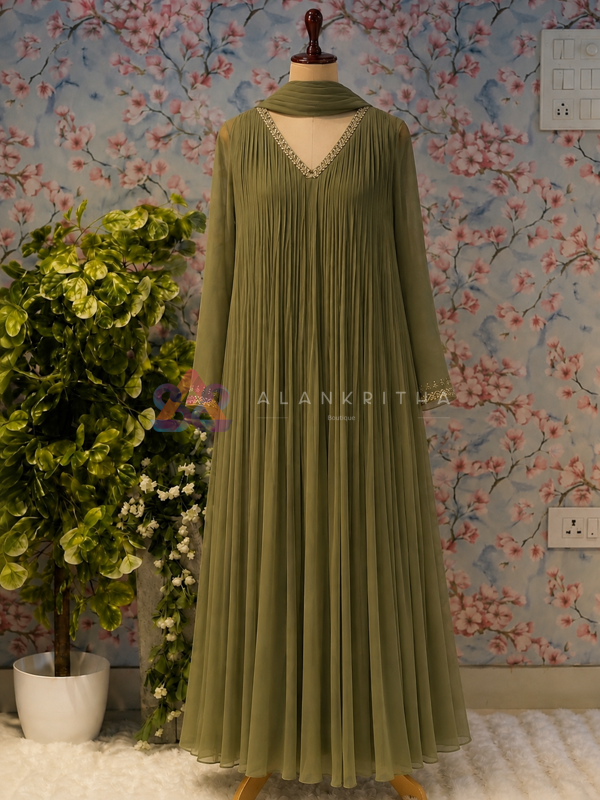 Olive Bloom Pleated Gown