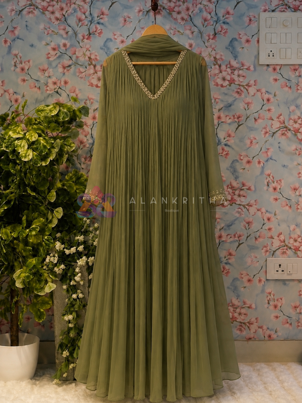 Olive Bloom Pleated Gown