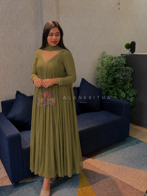 Olive Bloom Pleated Gown