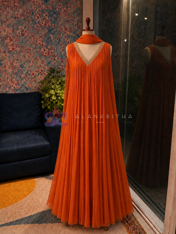 Sunset Orange Pleated Gown