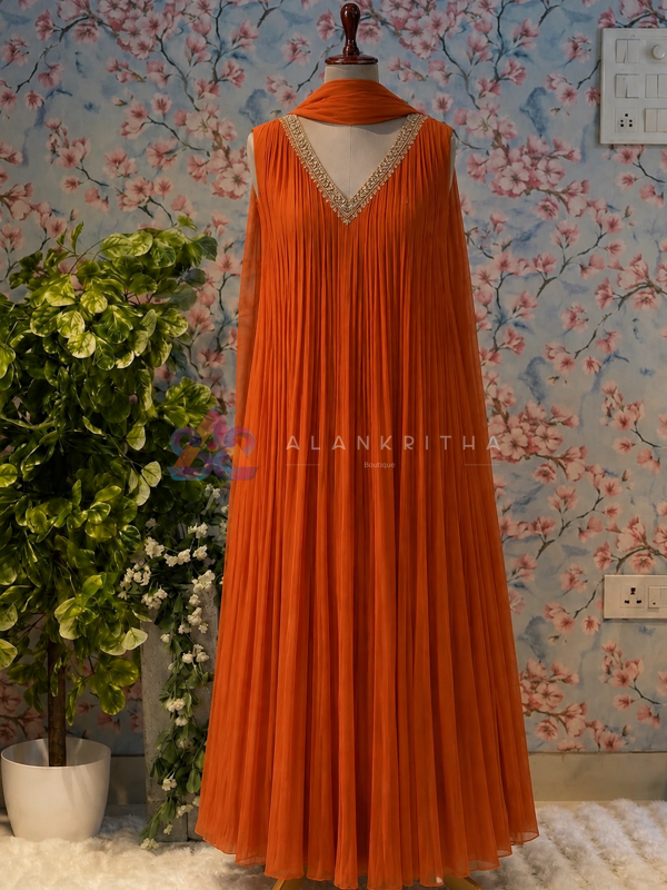 Sunset Orange Pleated Gown
