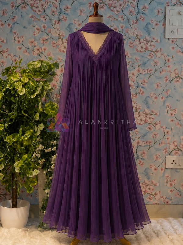 Micro-Pleated Lace-Detail Anarkali Gown