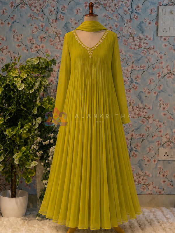 Lime Olive Pleated Anarkali