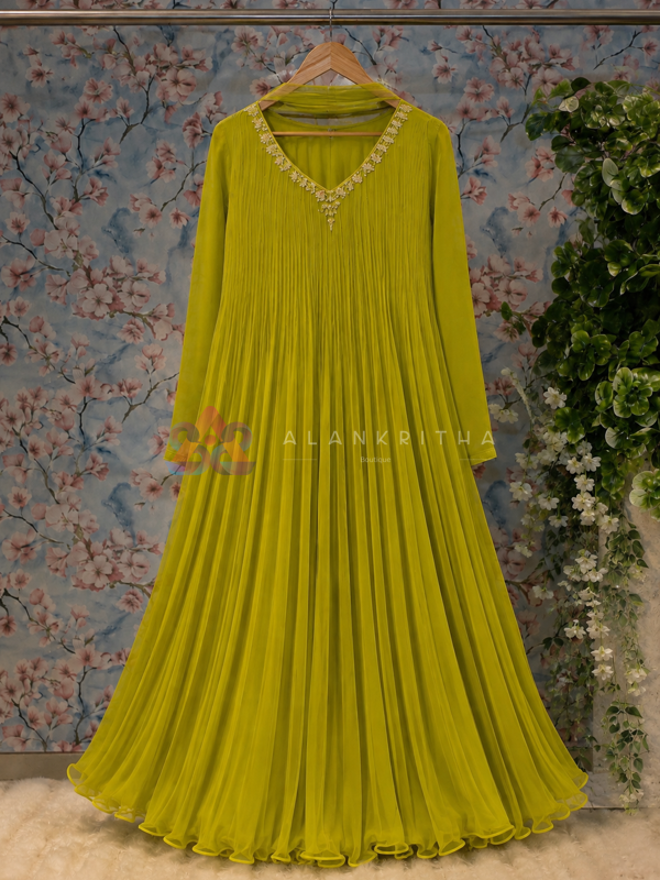 Lime Olive Pleated Anarkali