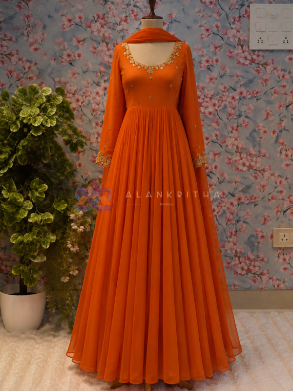 Rust Orange Pleated Gown