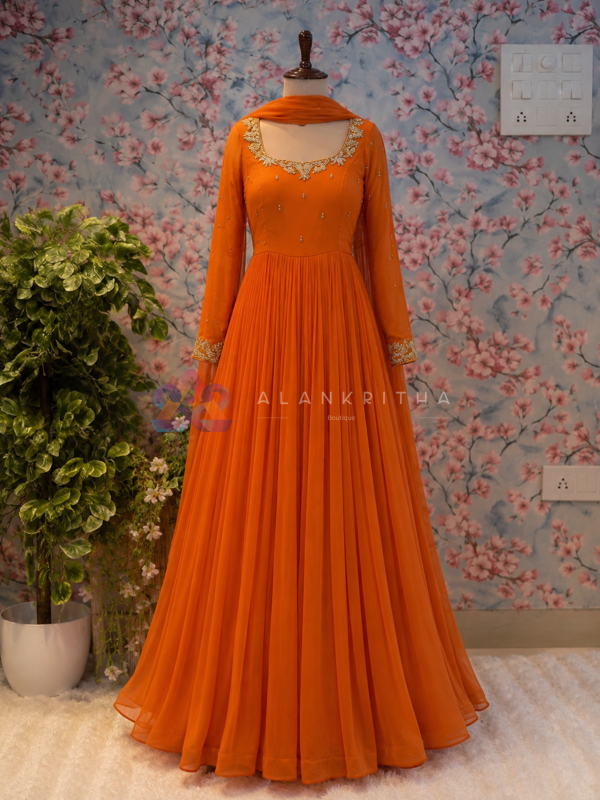 Rust Orange Pleated Gown