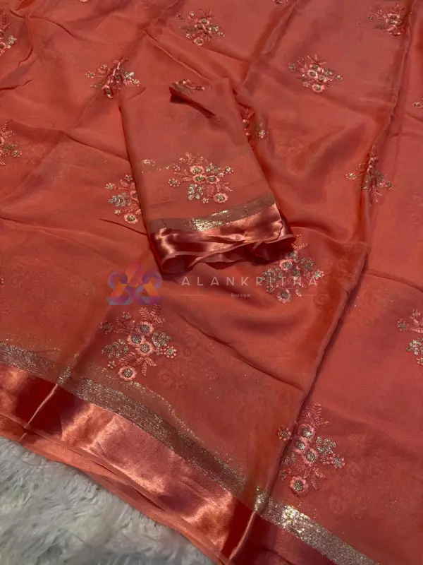 Elegant Peach Coral Embroidered Saree