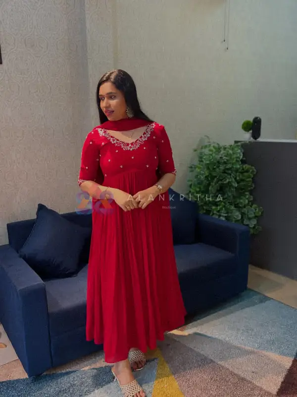 Crimson Elegance: Red Pleated Alia-Cut Suit with Hand Embroidery