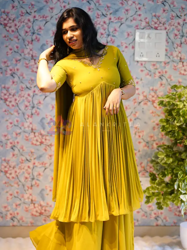 Lime Glow: Alia-Cut Top, Skirt & Dupatta Set