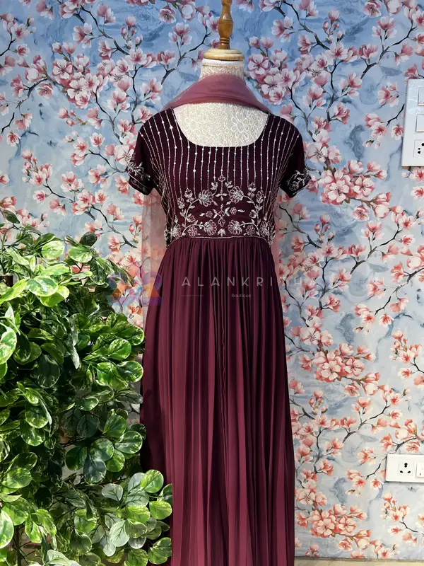 Crimson Velvet Aura: Wine Pleated Anarkali with Hand-Embroidered Yoke