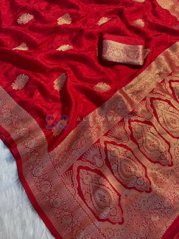 Ruby Radiance: Red Viscose Russian Self-Jacquard Saree