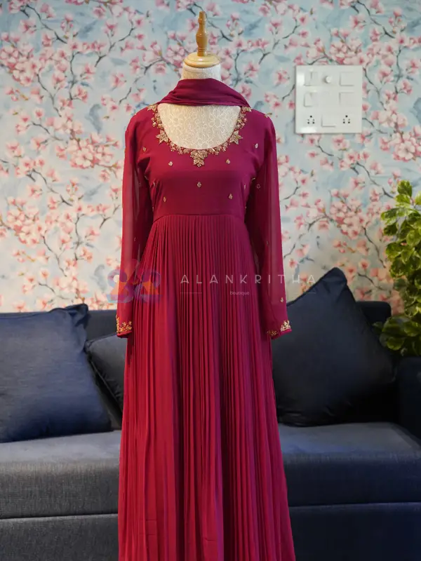 Burgundy Pleated Anarkali with Hand-Embroidered Sleeves