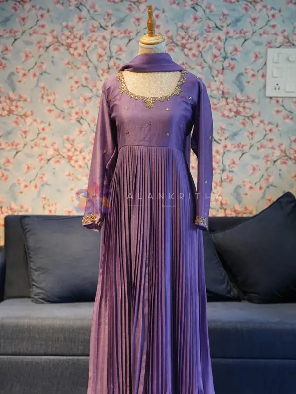 Dark Lavender Pleated Anarkali with Hand-Embroidered Sleeves