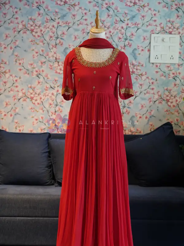 Red Pleated Anarkali with Ornate Embroidery