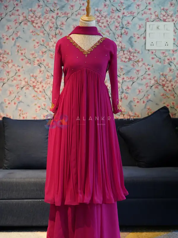 Rani Pink Alia-Cut Top, Skirt & Dupatta Set