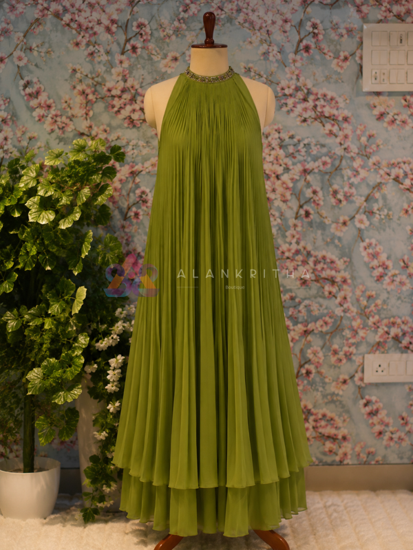 Lime olive pleated anarkali set