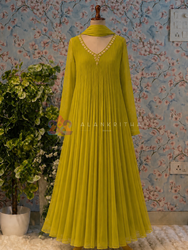 Lime Olive Pleated Anarkali