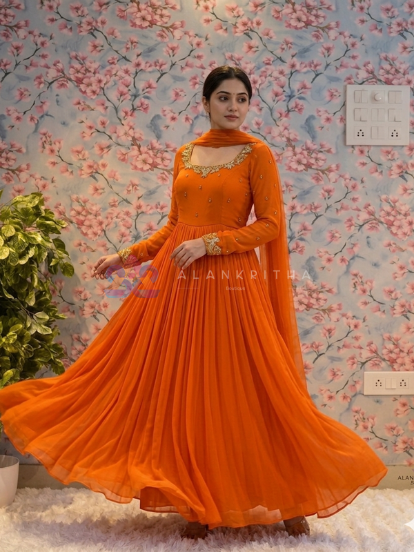 Rust Orange Pleated Gown