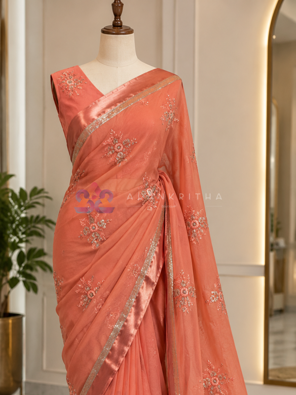 Elegant Peach Coral Embroidered Saree